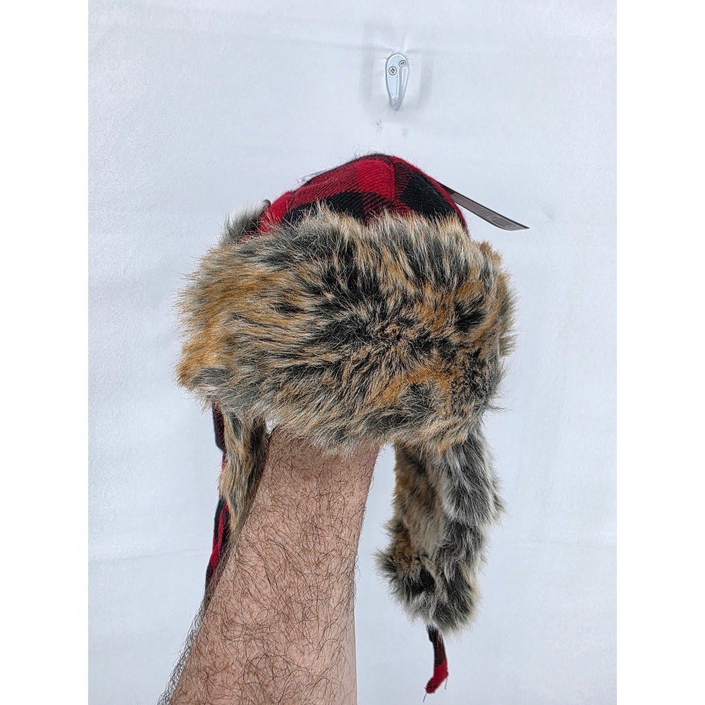 Goodfellow & Co Mens Buffalo Plaid Trapper Hat Red Black Faux Fur Ear Flaps OS